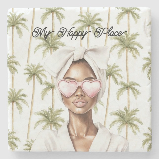 Palm Trees Happy Place Heart Glasses Black Lady Stenunderlägg (Framsidan)