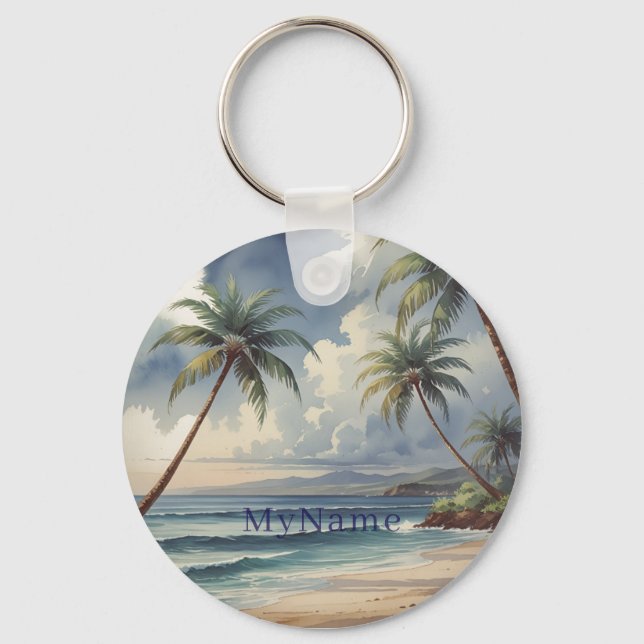 Palm Trees Hawaiian Travel Blue Sea Add Name Nyckelring (Framsida)