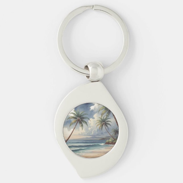 Palm Trees Hawaiian Travel Honolulu Blue Sea Swirl Silverfärgad Nyckelring (Framsidan)
