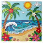 Palm Trees on the Beach  Kakelplatta<br><div class="desc">A coastal ceramic tile in a paper quilling style ai illustration of two palm trees,  the sun,  ocean waves,  a beach and tropical flowers.</div>