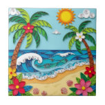 Palm Trees on the Beach  Kakelplatta<br><div class="desc">A coastal ceramic tile in a paper quilling style ai illustration of two palm trees,  the sun,  ocean waves,  a beach and tropical flowers.</div>