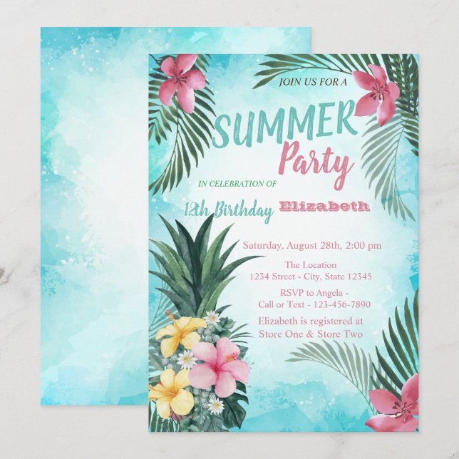 Palmblad, blommor ananas födelsedagsfest inbjudningar (Fram/baksida)