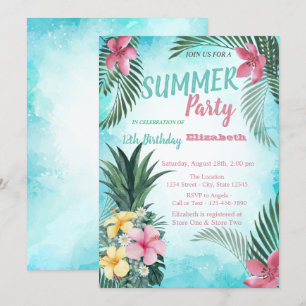 Palmblad, blommor ananas födelsedagsfest inbjudningar
