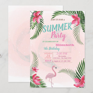 Palmblad, blommor, flamingo födelsedagsfest inbjudningar