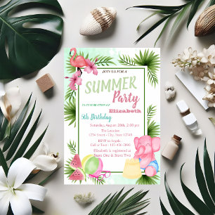 Palmblad, blommor, flamingo, vattenmelon födelseda inbjudningar
