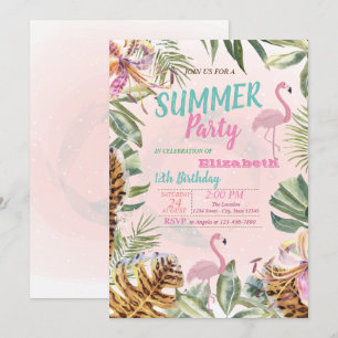 Palmblad, blommor, flamingos födelsedagsfest inbjudningar