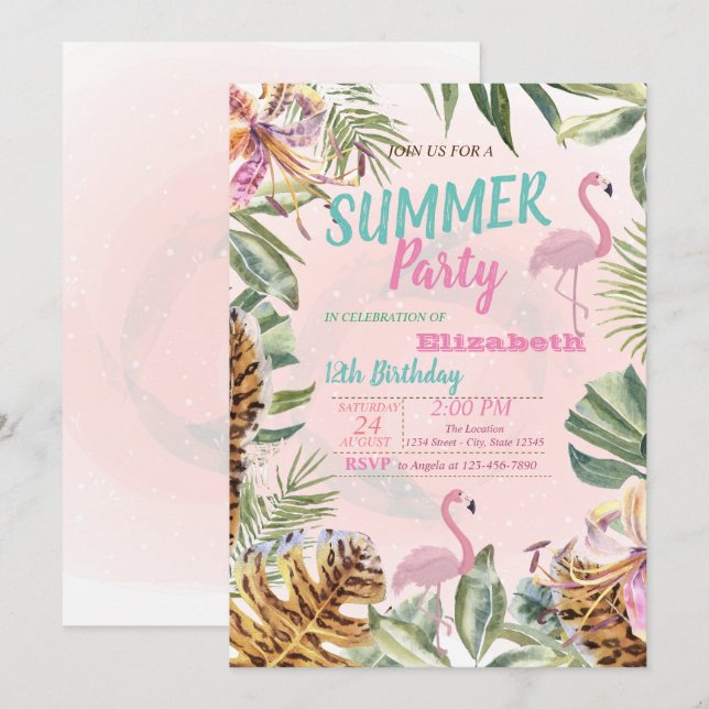 Palmblad, blommor, flamingos födelsedagsfest inbjudningar (Fram/baksida)