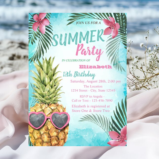 Palmblad, Blommor, Födelsedagsfest för Ananas Inbjudningar (Skapare uppladdad)