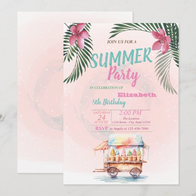 Palmblad, Blommor, Glass Födelsedagsfest Inbjudningar (Fram/baksida)