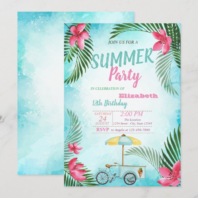 Palmblad,Blommor,Is cykel Födelsedagsfest  Inbjudningar (Fram/baksida)