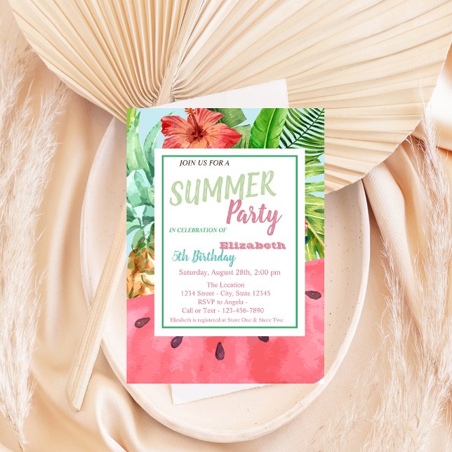 Palmblad, blommor, vattenmelon, ananas Födelsedag  Inbjudningar (Skapare uppladdad)