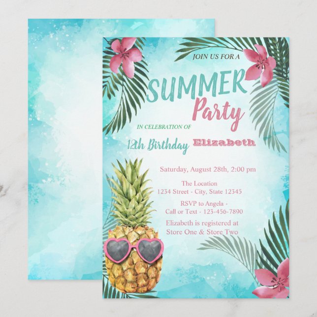 Palmblad,Cool Pineapple Födelsedagsfest  Inbjudningar (Fram/baksida)