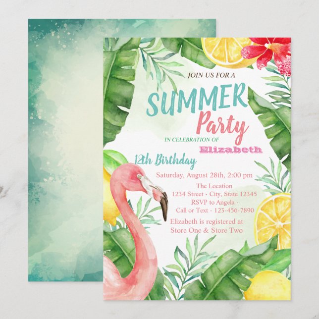 Palmblad, Flamingo Pool Födelsedagsfest  Inbjudningar (Fram/baksida)