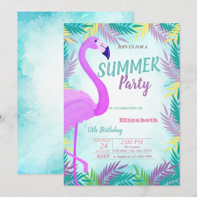Palmblad, Flamingo, Sommar  Födelsedagsfest Inbjudningar (Fram/baksida)