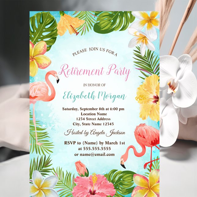 Palmblad Flamingos Blommor Pensionärsfest  Inbjudningar (Skapare uppladdad)