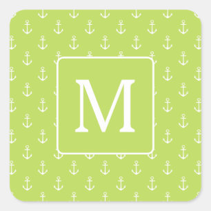 Palmblad Gröna och Vita Ankare Monogram Fyrkantigt Klistermärke