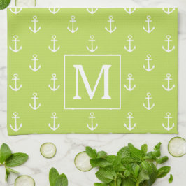 Palmblad Grönt och Vitt Ankare Monogram Kökshandduk