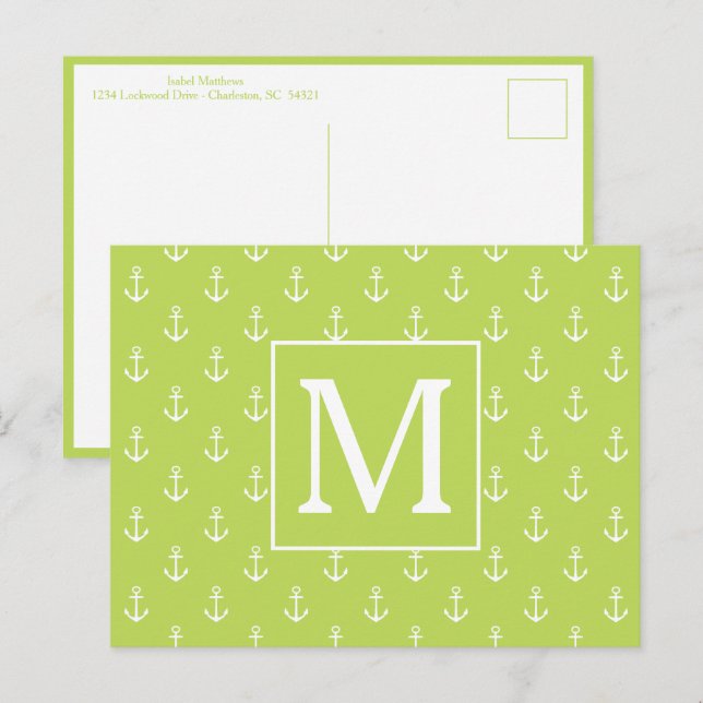 Palmblad Grönt och Vitt Ankare Monogram Vykort (Fram/baksida)