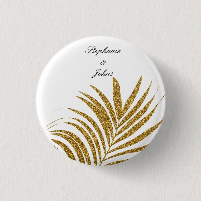 Palmblad Guld Glitter Anpassat Namn Trendig Bröllo Knapp (Framsida)