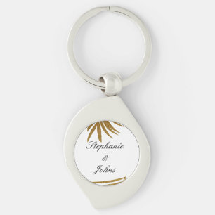Palmblad Guld Glitter Anpassat Par Namn Tropisk Swirl Silverfärgad Nyckelring