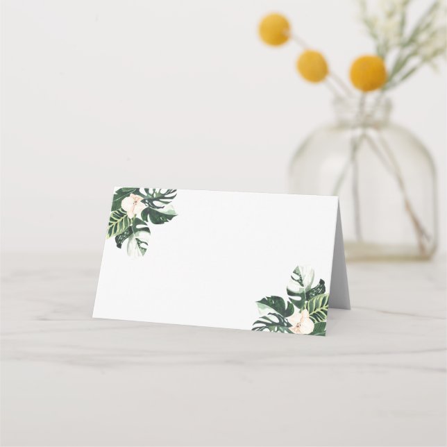 Palmblad Hibiskus Tropisk Bröllopsmottagning Placeringskort (Framsida)