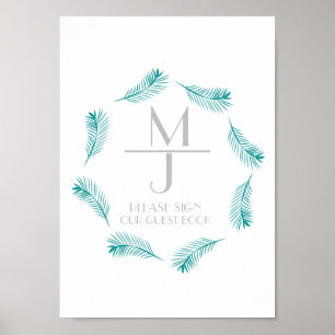 Palmblad Logotyp Tropisk Bröllop Gästbokskylt Poster