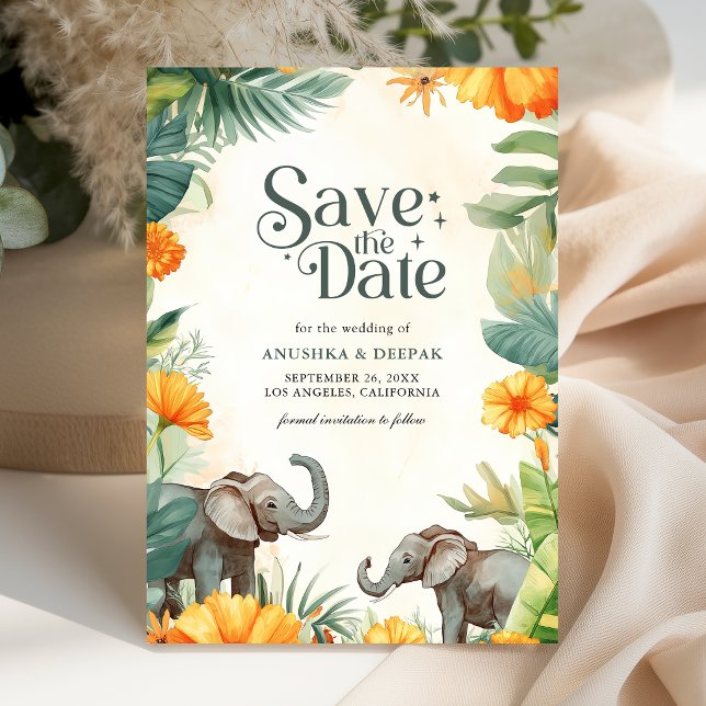 Palmblad Marigold Elefant Sydindisk Bröllopsfest Spara Datumet (Skapare uppladdad)
