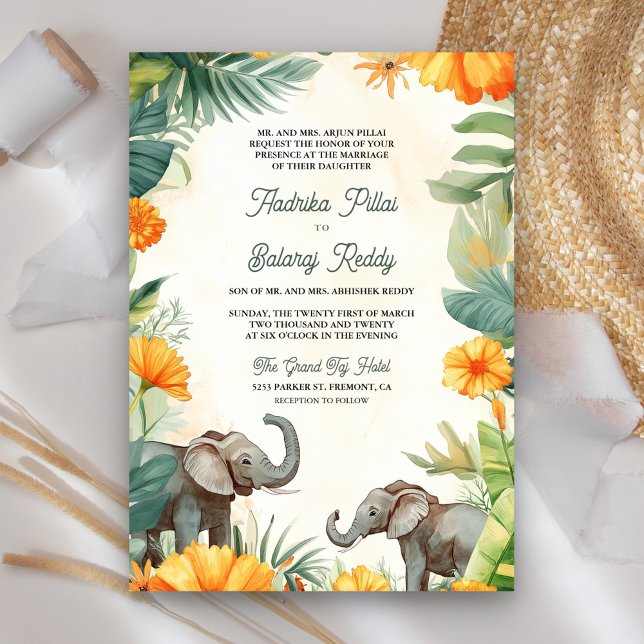 Palmblad Marigold Elefant Sydindiskt Bröllop Inbjudningar (Skapare uppladdad)