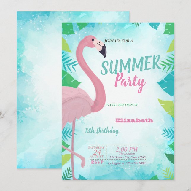 Palmblad, Rosa Flamingo, Sommar Födelsedagsfest Inbjudningar (Fram/baksida)
