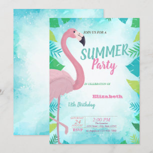 Palmblad, Rosa Flamingo, Sommar Födelsedagsfest Inbjudningar