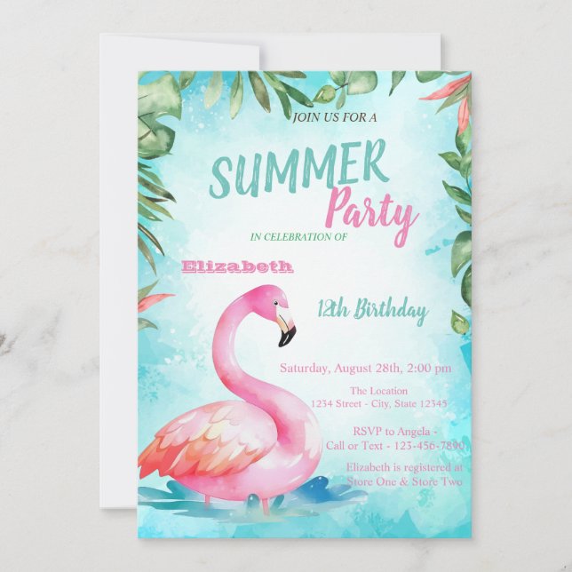 Palmblad, söta flamingofödelsedagsfest   inbjudningar (Framsida)