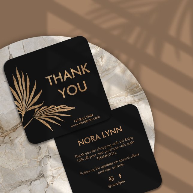 Palmblad Svart och Guld Tack  Fyrkantigt Visitkort (golden palm business card)