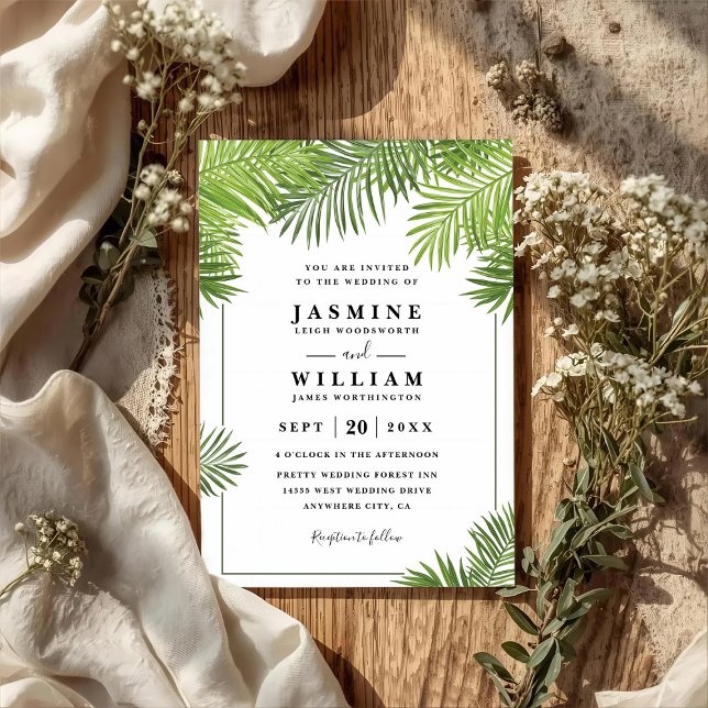 Palmblad Tropical Elegant Chic QR-kod Bröllop Inbjudningar (Skapare uppladdad)