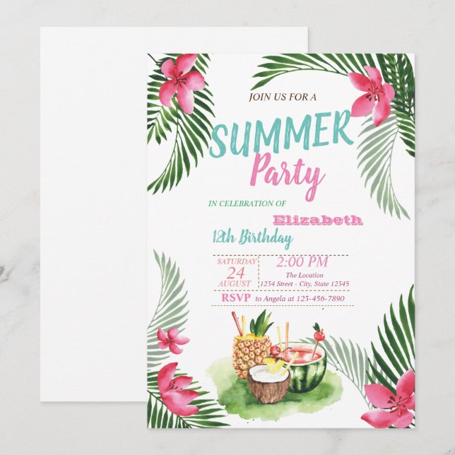 Palmblad, Tropiska Frukter, Blommor Födelsedagsfes Inbjudningar (Fram/baksida)