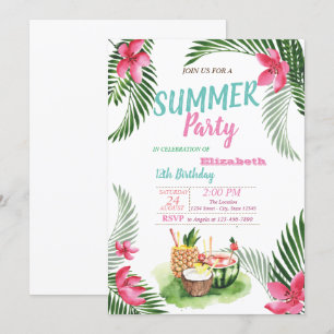 Palmblad, Tropiska Frukter, Blommor Födelsedagsfes Inbjudningar