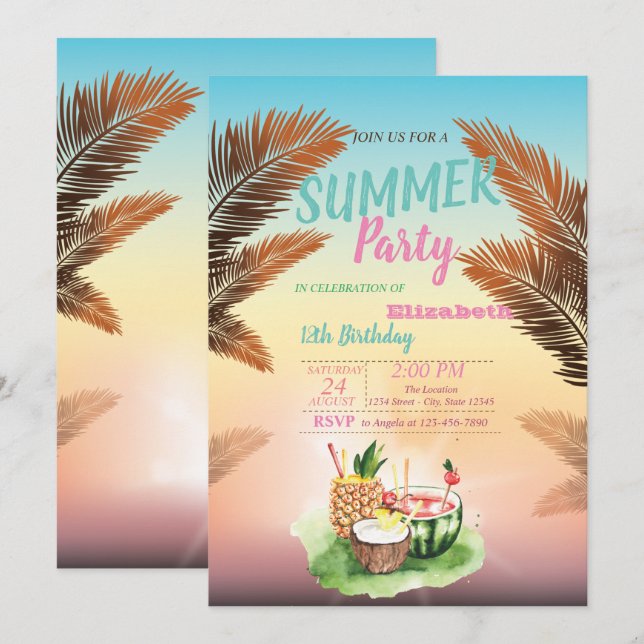 Palmblad, Tropiska Frukter Födelsedagsfest Inbjudningar (Fram/baksida)