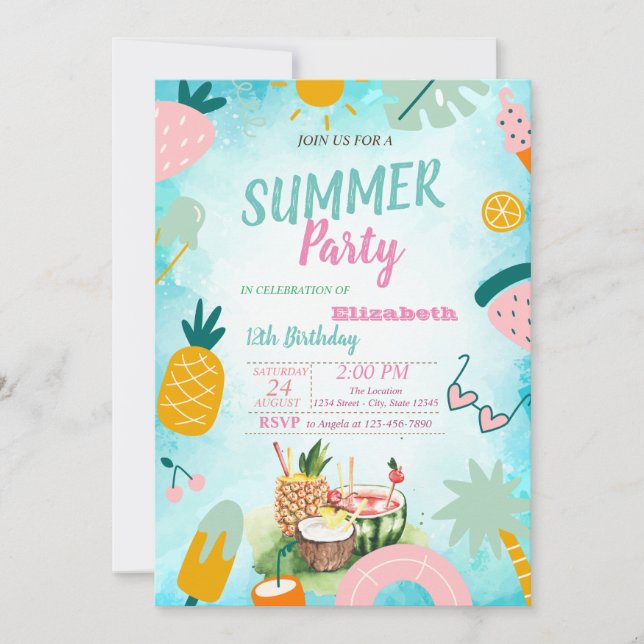 Palmblad, Tropiska Frukter Födelsedagsfest Inbjudningar (Framsida)