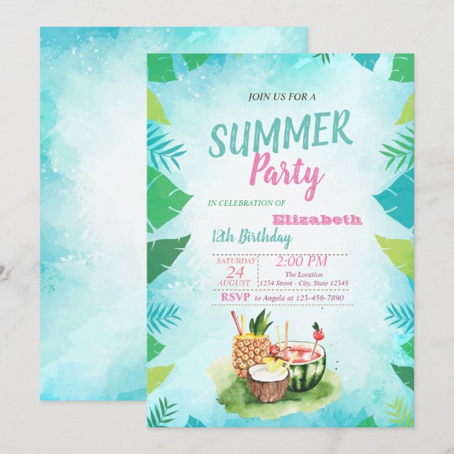 Palmblad, Tropiska Frukter, Sommar Födelsedagsfest Inbjudningar (Fram/baksida)