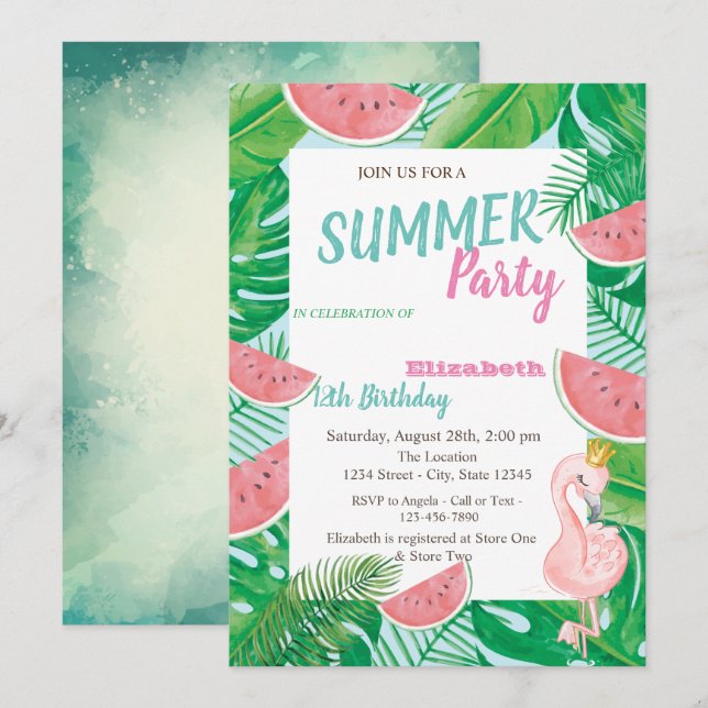 Palmblad Vattenmelon Rosa Flamingo Födelsedagsfest Inbjudningar (Fram/baksida)