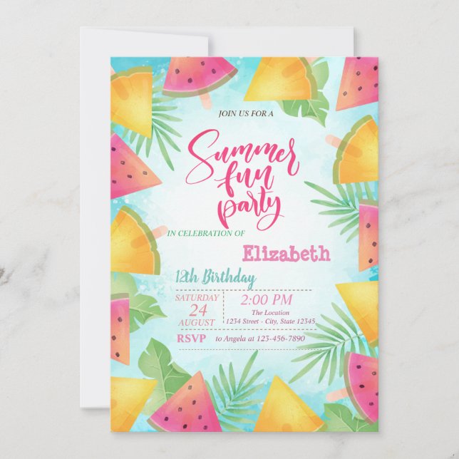 Palmblad Vattenmelon Sommar Födelsedagsfest Inbjudningar (Framsida)