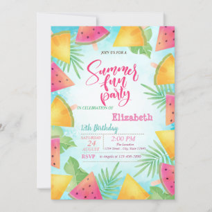 Palmblad Vattenmelon Sommar Födelsedagsfest Inbjudningar