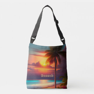 Palme am Strand bei Sonnenuntergang Axelväska