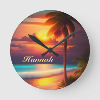 Palme am Strand bei Sonnenuntergang Rund Klocka