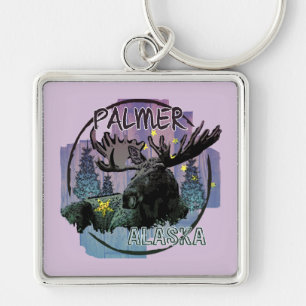Palmer Alaska rustic moose keychain Fyrkantig Silverfärgad Nyckelring