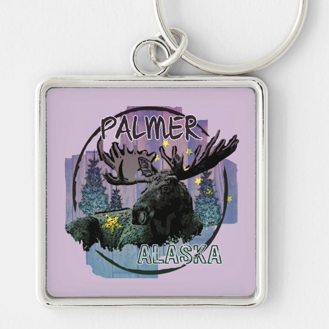 Palmer Alaska rustic moose keychain Fyrkantig Silverfärgad Nyckelring (Framsidan)