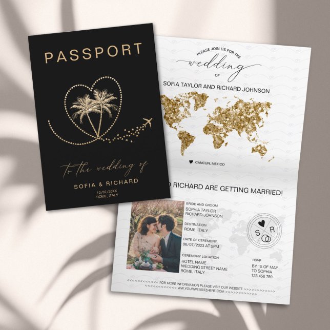 Palmer Destination Bröllop Pass Världskarta Inbjudan (passport wedding invitation with palm trees)