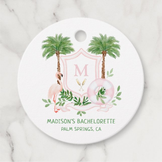Palmer Flamingo Monogram Vapen Bachelorette  Gåvor Etiketter (Framsida)