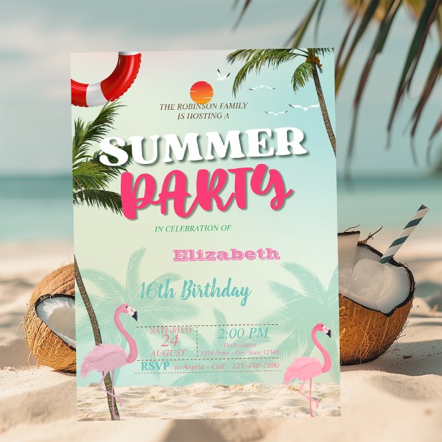 Palmer Flamingos Sommar Pool Födelsedagsfest Inbjudningar (Skapare uppladdad)