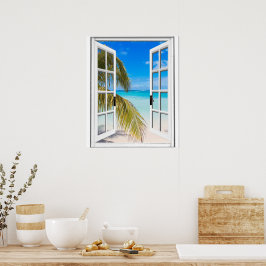 Palmer och strand Konstgjord fönsterutsikt Poster