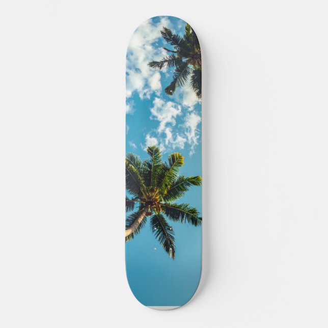 Palmer på blå himmel mini skateboard bräda 18,5 cm (Framsida)